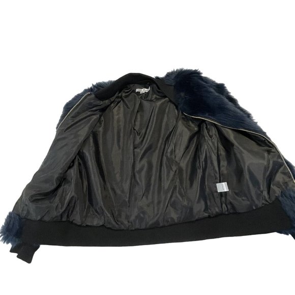 SAY WHAT? Faux Fur Jacket Coat Size Small Midnight Blue with Black Trim - Picture 4 of 14